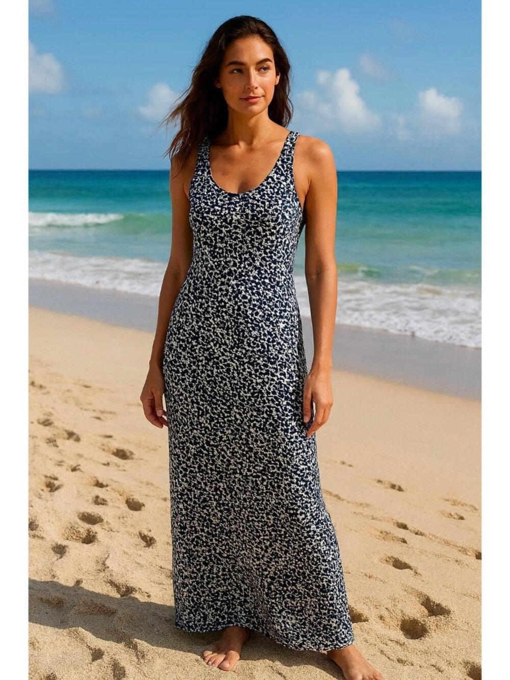 H&M Cotton Blend Racerback Blue Print Maxi Dress Medium with Stretch, Blue